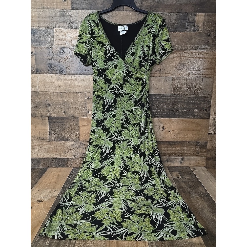 VTG Y2K Floral Bodycon Stretch Maxi Dress Women 10 Green Black Sexy Fairygoth